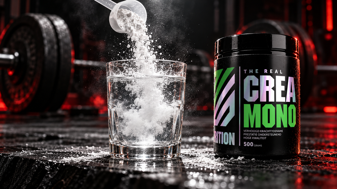 Schep creatine monohydraat die in een glas water valt naast de RS creatine pot