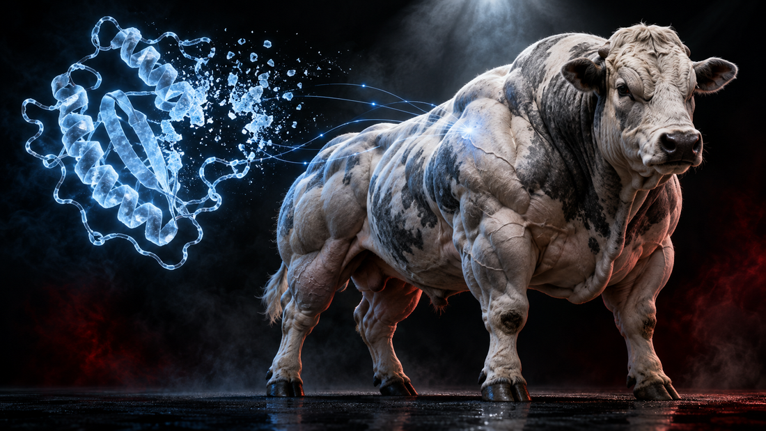 Dubbel bespierd Belgisch witblauw rund naast een model van het myostatine-eiwit