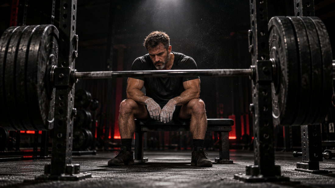 Ervaren lifter bij een volle stang in de sportschool, vastgelopen op een spiergroei-plateau