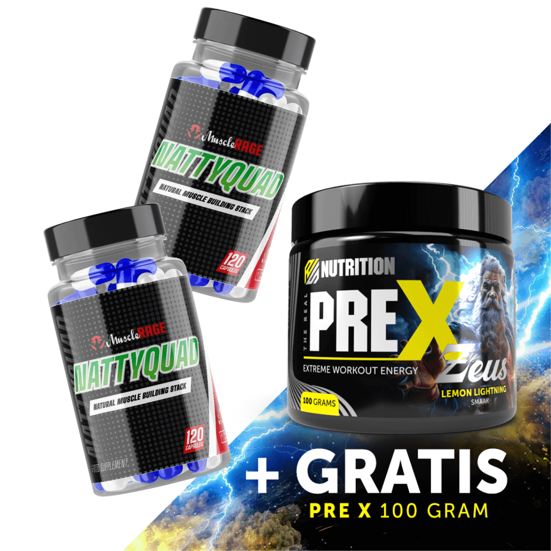 2x muscle rage Nattyquad + gratis PRE X Zeus 100g Lemon Lightning – pre workout actie RealSupps