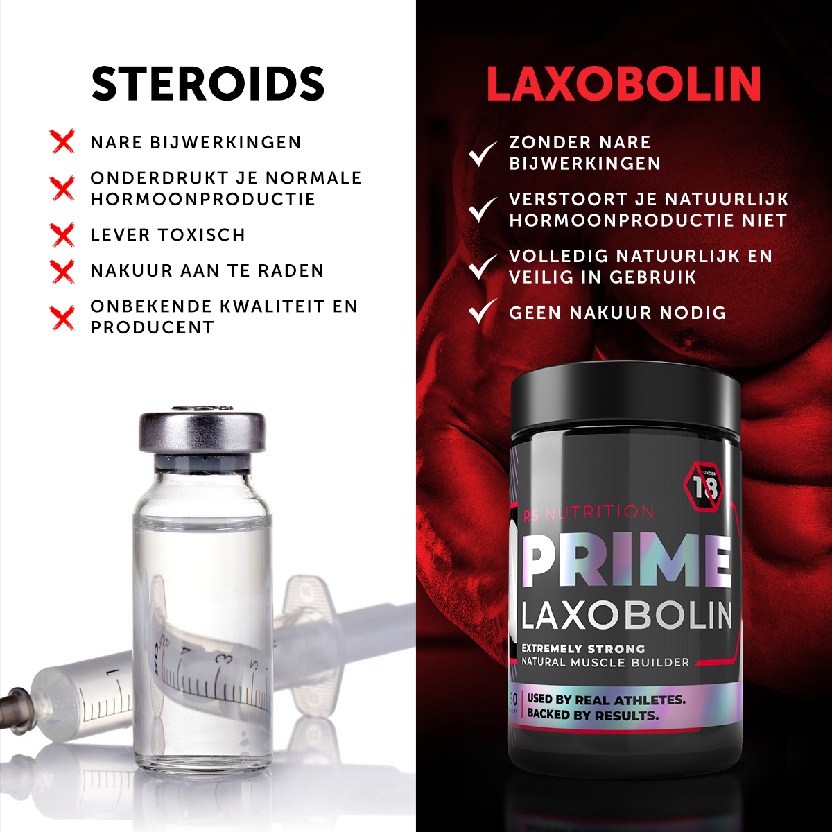 ergelijking tussen steroïden en Laxobolin Prime spieropbouw supplement