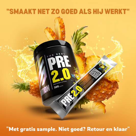 Afbeelding van The Real PRE 2.0 pre-workout in ananassmaak, met gratis sample verpakking en de tekst 'Smaakt net zo goed als hij werkt'