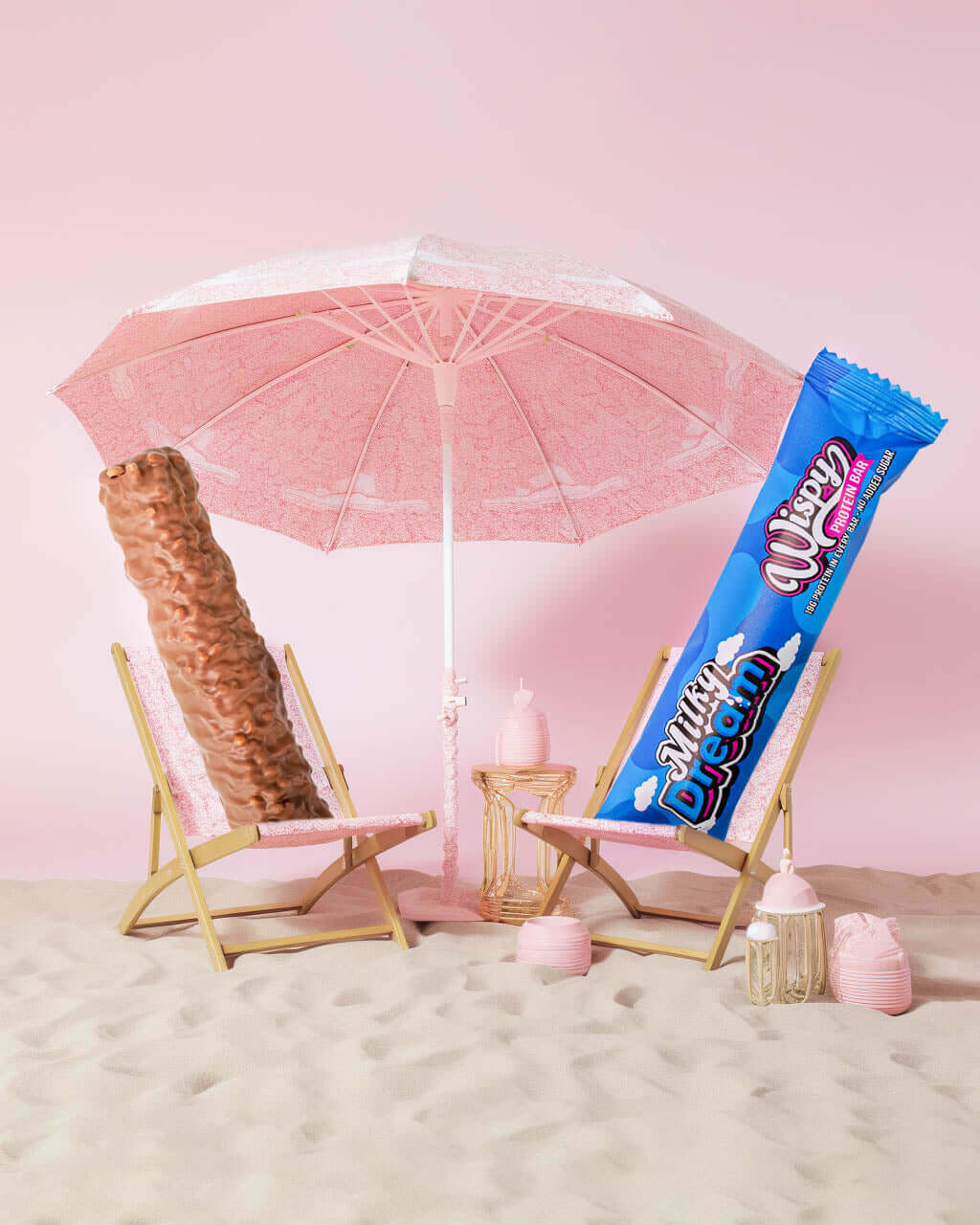 Wispy Eiwitreep In de Smaak Milky Dream In Een Roze Strandstoel Onder een Roze Parasol